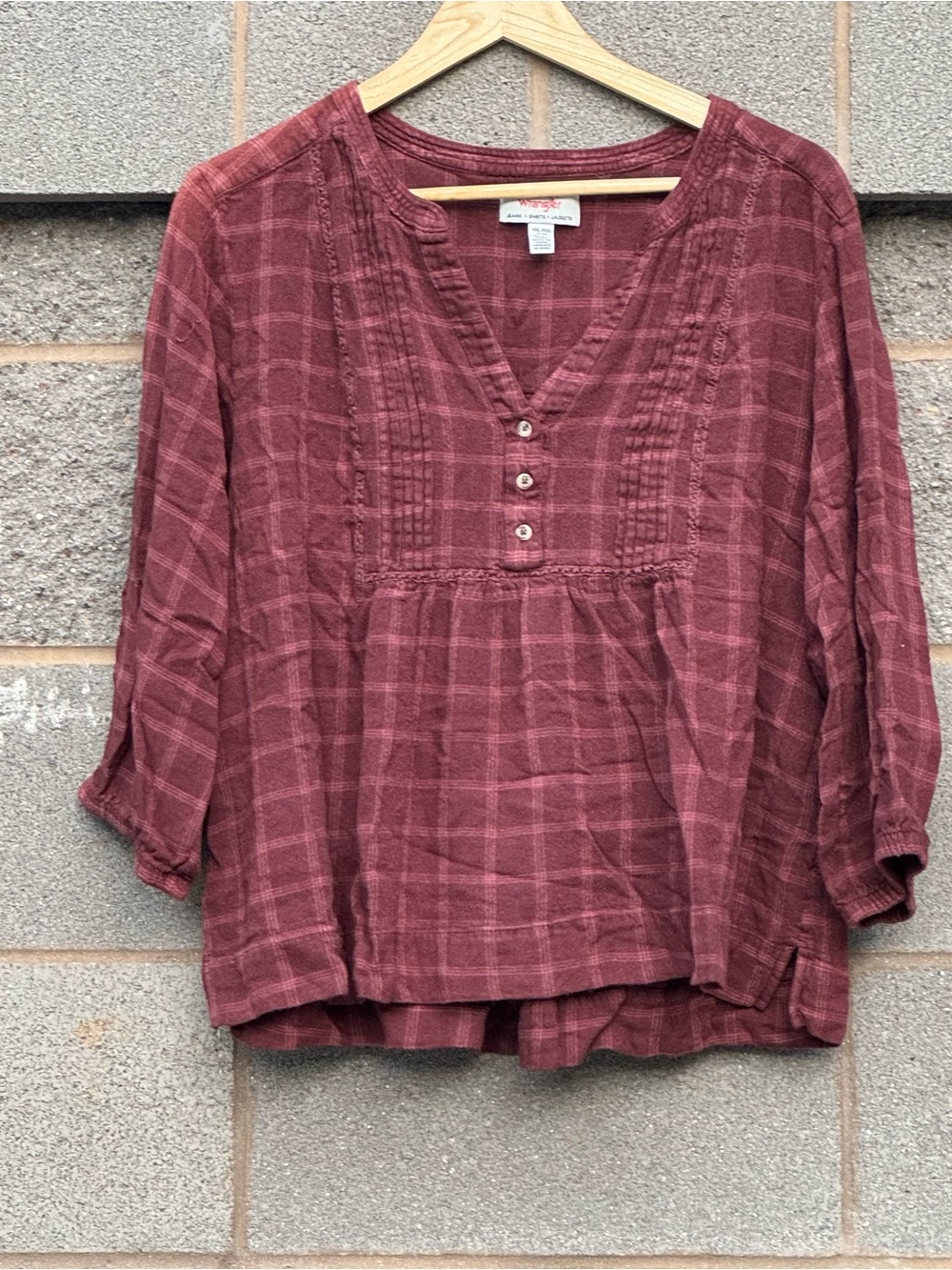 Women's Wrangler Brown Babydoll Plaid V-Neck Blouse 2XL
